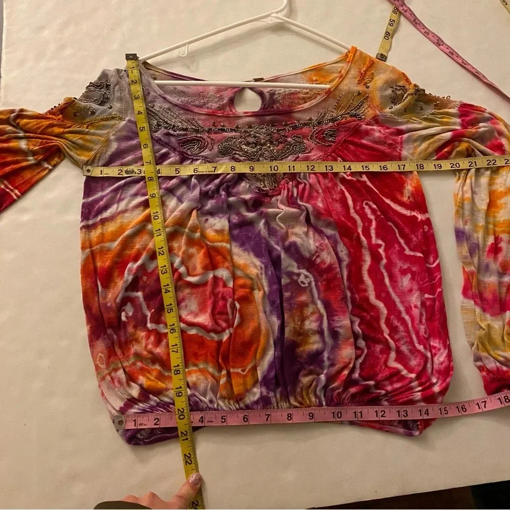 Free People Geode Tie Dye Top Blouse Womens XS Small Beaded Colorful Rainbow Tee